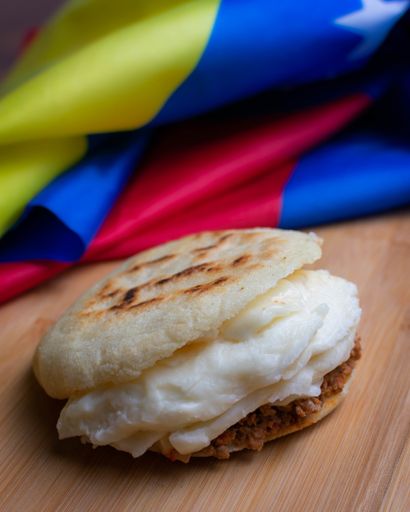 A Venezuelan arepa with guayanes cheese and beef