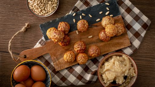 Photo with selective focus, Still life of typical Catalan sweets, called "Panellets"