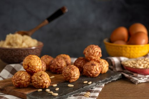 Photo with selective focus, Still life of typical Catalan sweets, called "Panellets"