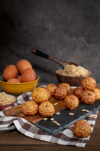Photo with selective focus, Still life of typical Catalan sweets, called "Panellets"