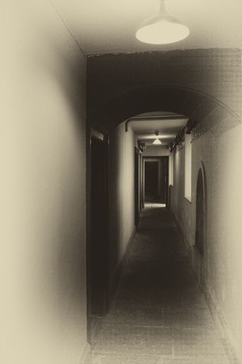 A vertical shot of an empty hall with light bulbs hanging on the ceiling - mysterious image