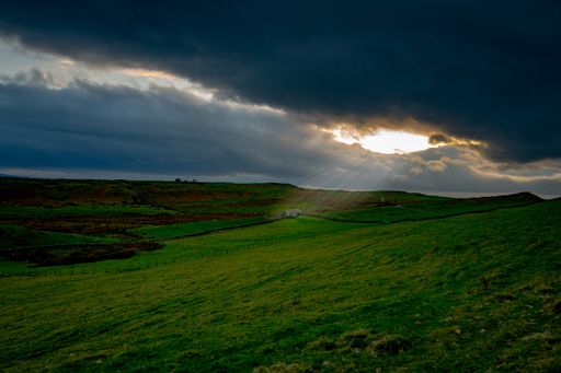 A landscape of a valley covered in lawn surrounded by fences under a cloudy sky and sunlight