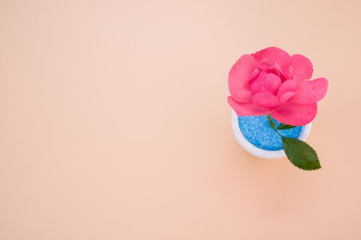 A top view of a decorative artificial pink rose in a pot on the orange surface - space for text