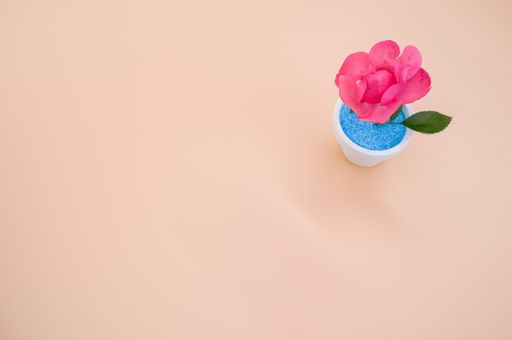A top view of a decorative artificial pink rose in a pot on the orange surface - space for text