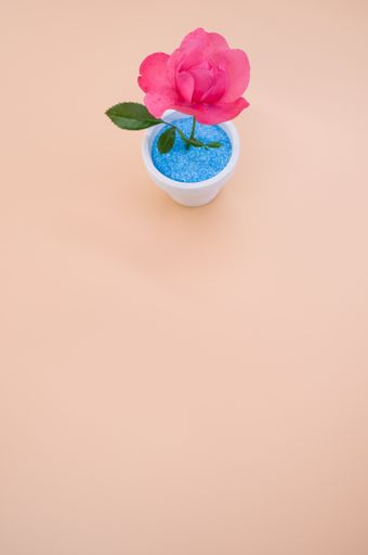 A top view of a decorative artificial pink rose in a pot on the orange surface - space for text