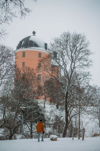 A vertical shot of the brick stone Uppsala Castle with beautiful snow-covered yard in the daytime in Sweden
