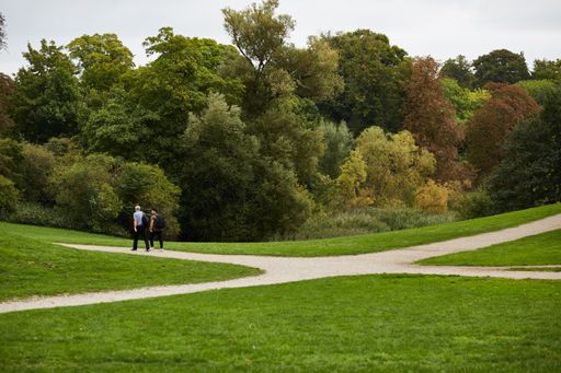 A landscape of a park surrounded by trees with people walking on a pathway during daytime