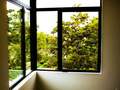 the outdoor green trees seen through the glass windows
