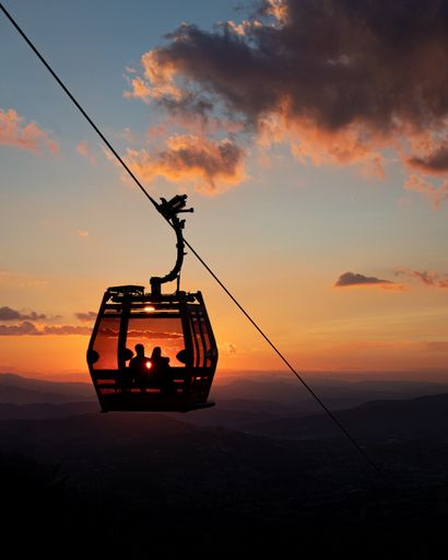 A vertical silhouette shot of people inside a ropeway wagon during sunset