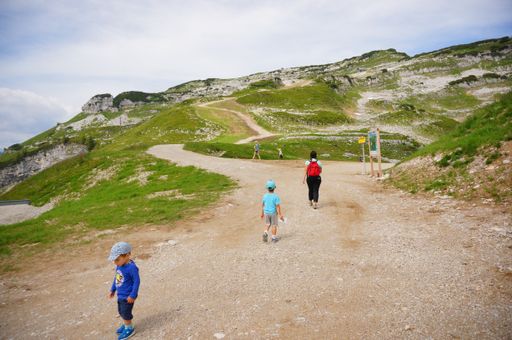 People walking on a footpath on a Alp mountain