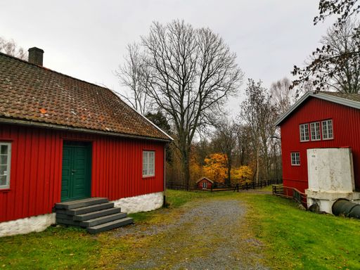 The red-colored buildings in a ranch in Norway captured during autumn