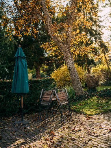 A vertical shot of folding chairs and an umbrella in a garden of a house