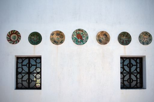 White wall of Saint Alexander chrch on skiathos island in Greece