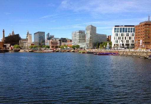 Part of former docks in Liverpool, England, Great Britain, United Kingdom, in bright sunshine, now used as marina for pleasure boats. Copy space