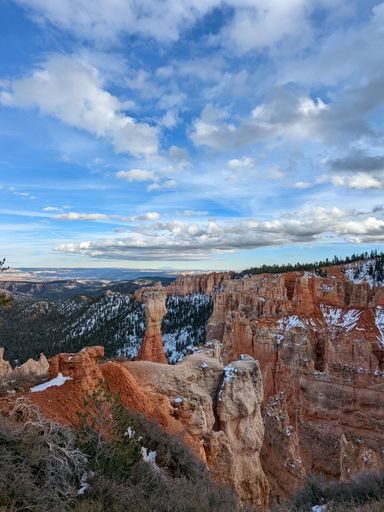 A vertical of rocky mountains covered with snow in Bryce Canyon National Park, Utah