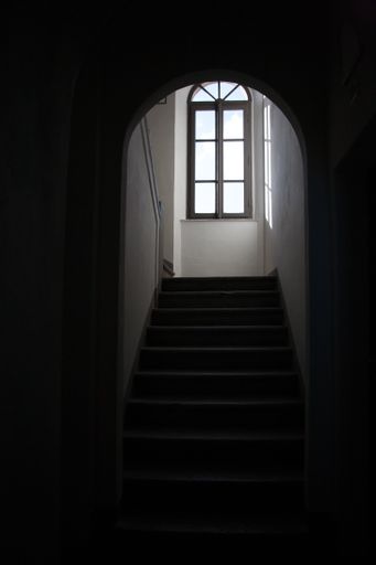 A vertical shot of a small staircase in a building with dark rooms