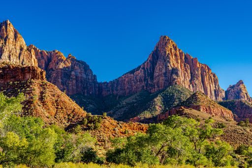 The image shows a view of some of the cliffs defining Zion Valley in the morning light in Uta