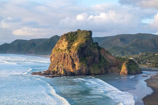 Aerial view of Lion Rock and Piha beach