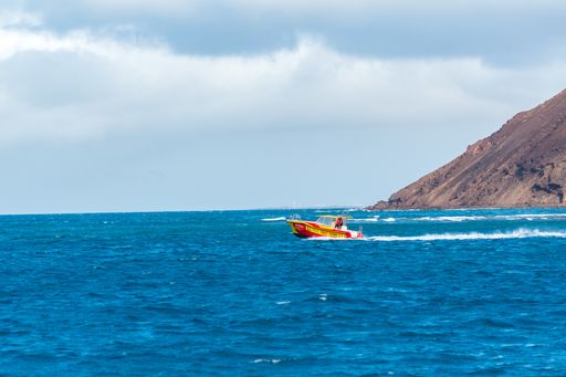 Corralejo, Fuerteventura, Spain: 2020 September 30: Fast Ferry in the port of Corralejo in Fuerteventura in the Canary Islands in Spain.