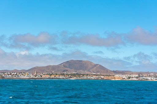 A sunny day in Corralejo from the sea in Fuerteventura on the Canary Islands, Spain