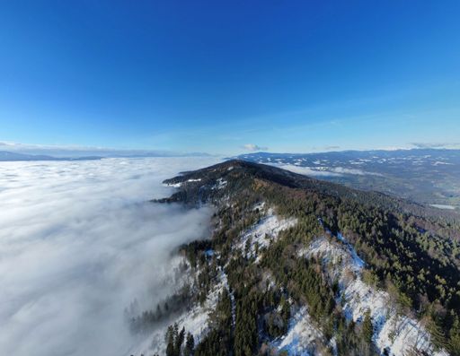 An aerial shot a snow-covered forest mountain surrounded by fog under the blue sky