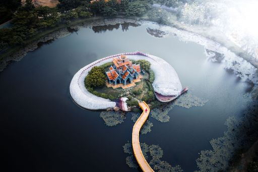 An aerial view of Thailand, Fish Temple, Bangkok surrounded by the lake