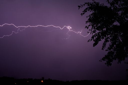 A flash of lightning in dark purple night sky with silhouettes of tree leaves in the foreground