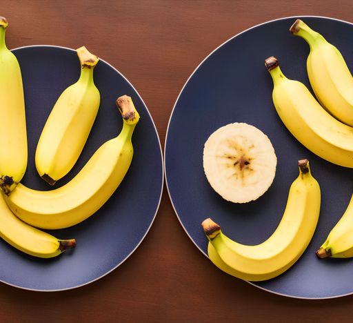 A top view of ripe bananas and one banana slice in blue plates on brown wooden table