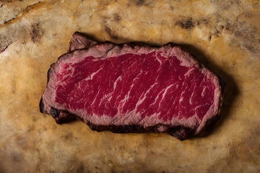 A top view of a medium rare new york strip steak on a marble table