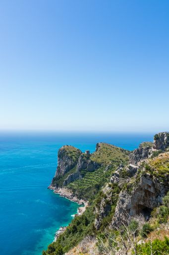 A vertical shot of the Baia di Ieranto, Nerano, Naples.