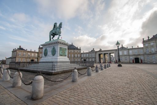 A low-angle view of Amalienborg Palace in Copenhagen, Denmark