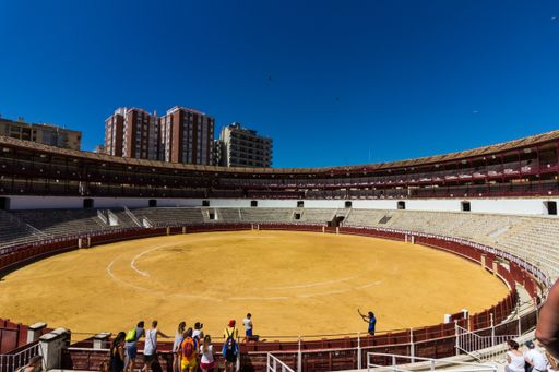 Tourist watching as bull fighters start a demonstration at La Malagueta Bullring.
