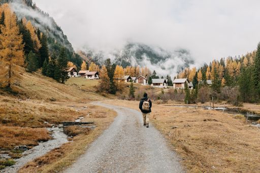 A back view of a male hiker with a backpack walking along a footpath surrounded by autumn nature scenes