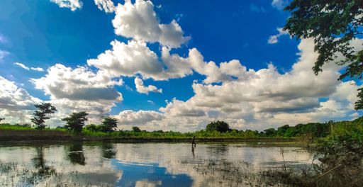 A landscape of a lake surrounded by greenery under a blue cloudy sky reflecting on the water