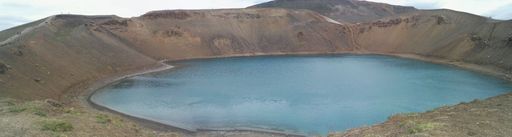 A panoramic shot of the Krafla volcanic caldera in Myvatn, Iceland - Viti lake