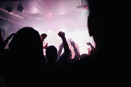 A group of people partying in front of the stage at night