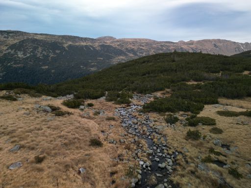 An aerial view of a beautiful mountainous landscape in Rila National Park, Bulgaria.