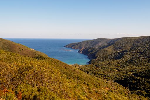 A beautiful seascape with forested cliffs in Halkidiki, Greece