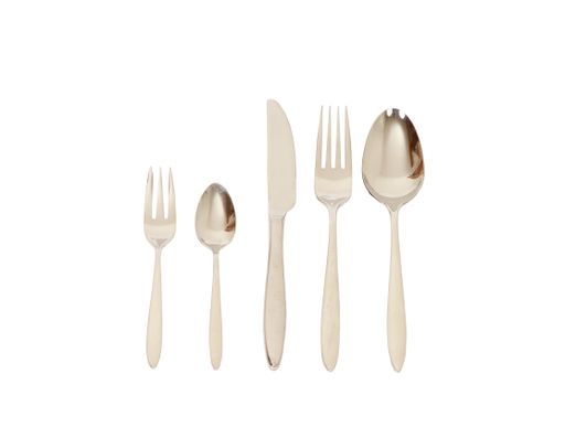A closeup of kitchen utensils, a silver fork, spoon and a knife isolated on a white background