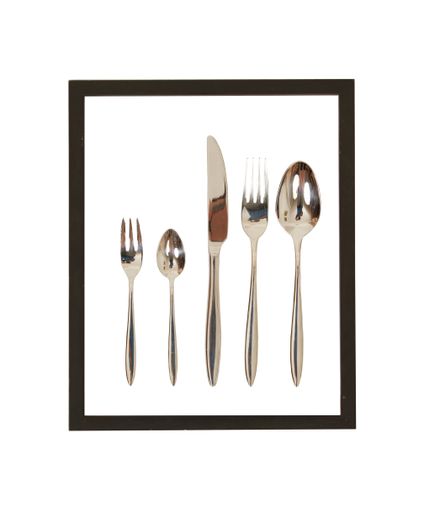 Silver forks, spoons, and a knife in a frame isolated on a white background