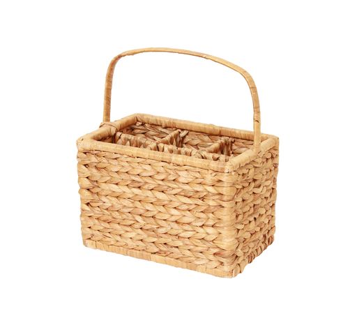 A  closeup shot of a woven basket isolated on a white background