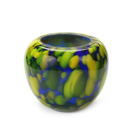 A closeup shot of a colorful ceramic vase isolated on a white background