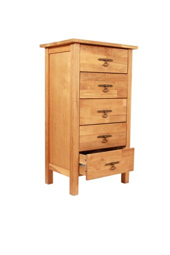 A vertical shot of a wooden cabinet with an open drawer isolated on a white background