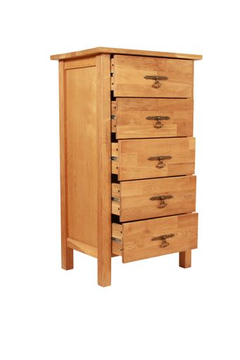 A vertical shot of a wooden cabinet with opened drawers isolated on a white background