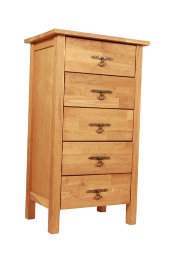 A vertical shot of a wooden cabinet with drawers isolated on a white background