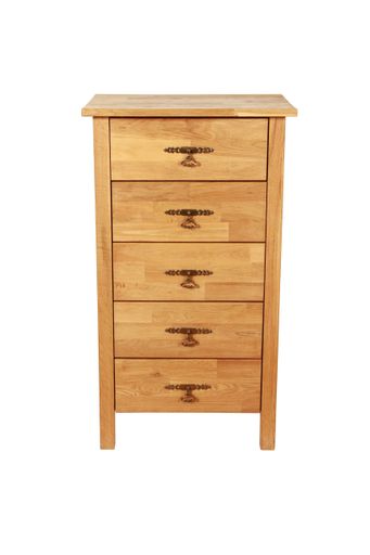 A vertical shot of a wooden cabinet with drawers isolated on a white background