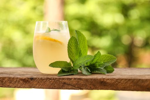 A closeup shot of a glass of cold lemonade with mint leaves