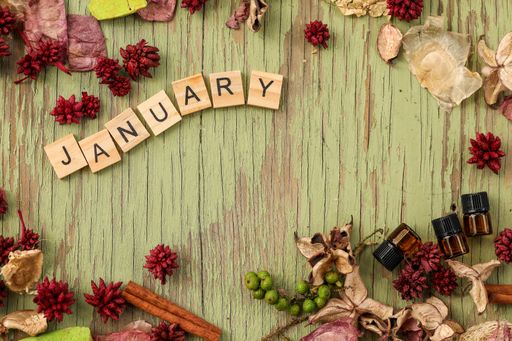 A flat lay image featuring a border of various dried flowers surrounding wooden letters spelling the word January