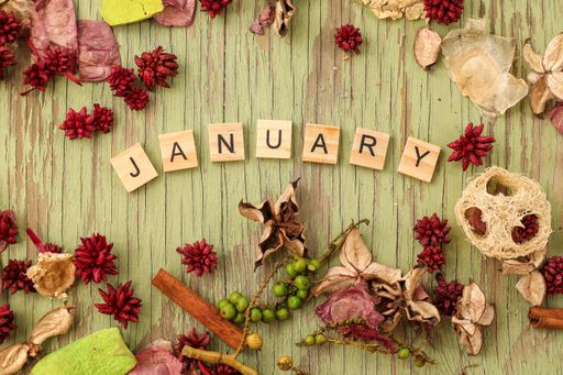 A wooden board with various dried flowers surrounding wooden letters spelling the word January with copy space