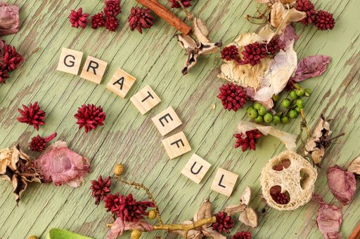 A flat lay image featuring a border of various dried flowers surrounding wooden letters spelling the word grateful